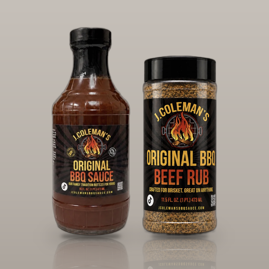 A bottle of J. Coleman's Original BBQ Sauce next to a jar of Original BBQ Beef Rub, part of the Sauce & Beef Rub Duo.
