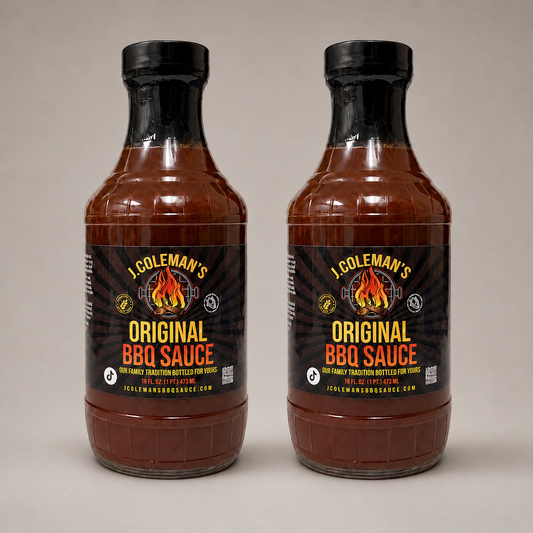 Two bottles of J. Coleman's Original BBQ Sauce, 32 fl oz each, standing side-by-side on a neutral light gray background.
