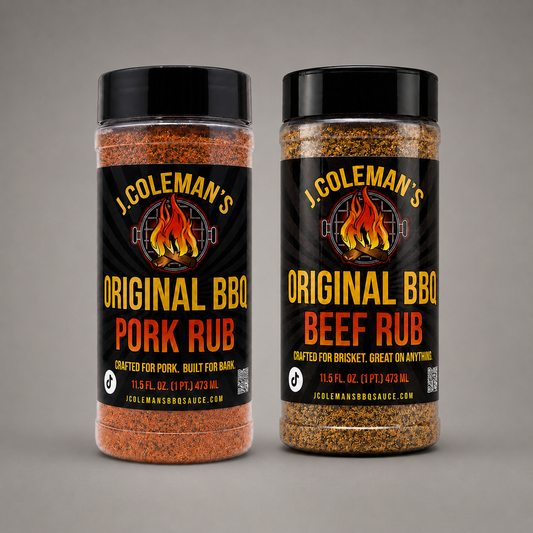 Two clear plastic spice rub jars with black lids on a neutral gray background. The left jar is labeled 'Original BBQ Pork Rub' and the right jar is labeled 'Original BBQ Beef Rub', both showing the brand 'J.