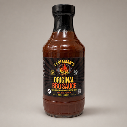 A bottle of J. Coleman's Original BBQ Sauce on a neutral gray background.