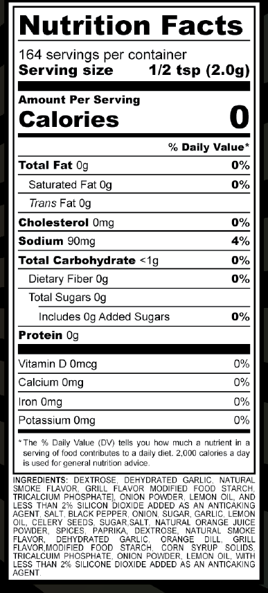 Nutrition facts label for J. Coleman's Southern-Style Pork Rub, showing serving size, calories, and ingredients.