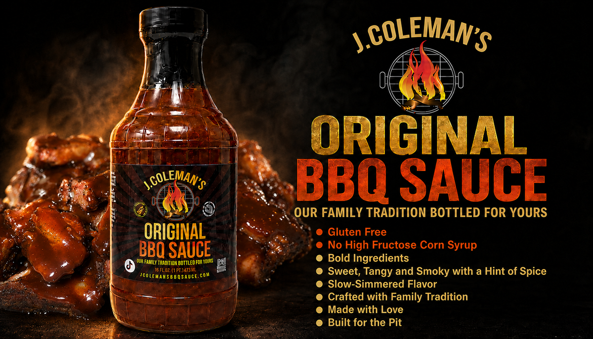 Bottle of J. Coleman's Original BBQ Sauce next to sauced ribs