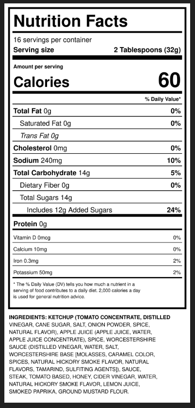Nutrition facts label for J. Coleman's Southern-Style BBQ Sauce, showing serving size, calories, and ingredients.